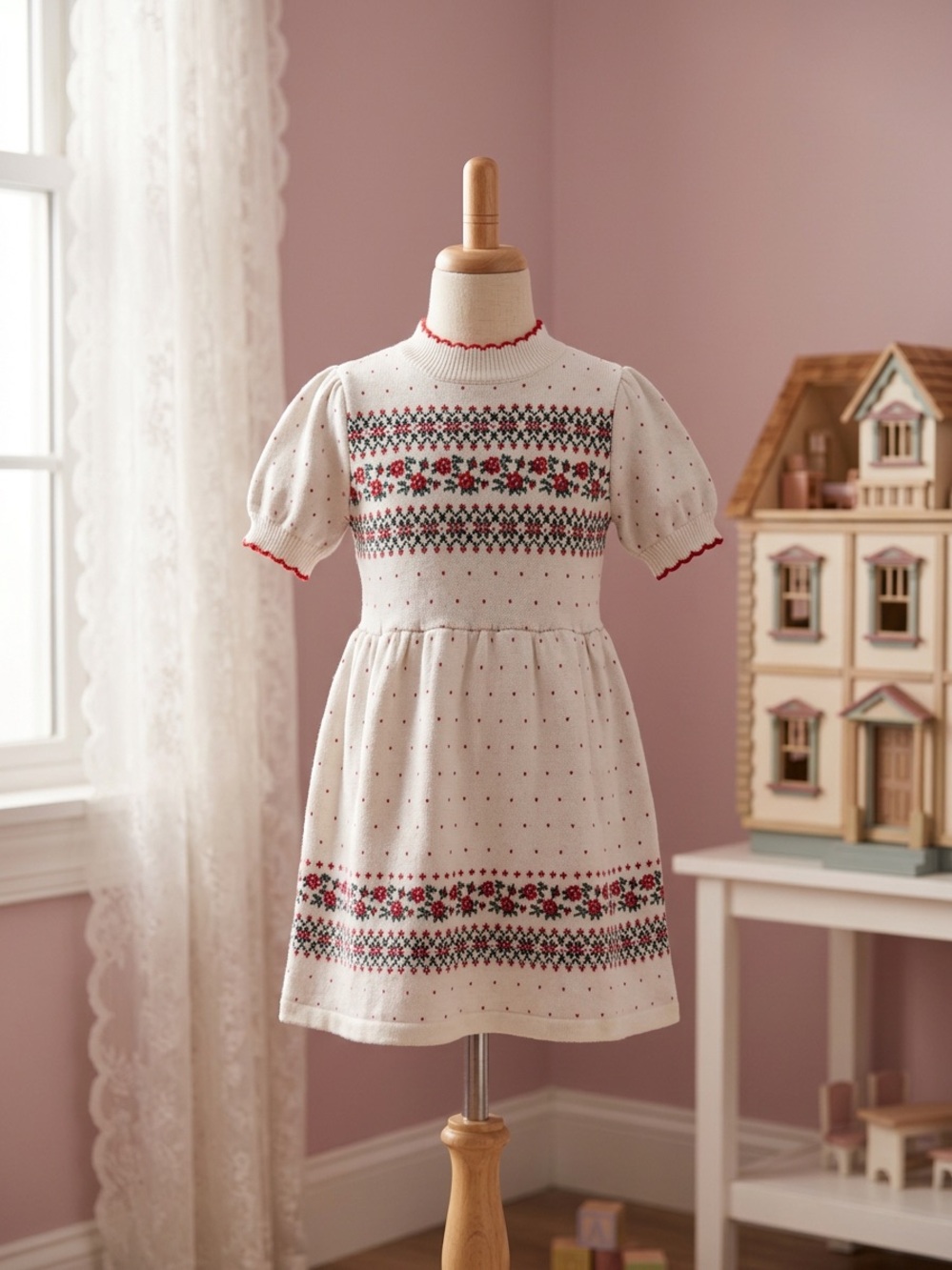 Janie and Jack Cream Knit Dress with Red and Green Fair Isle
